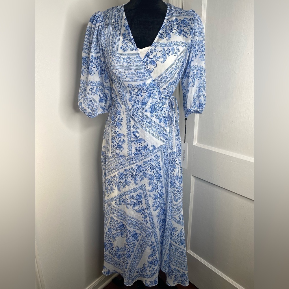 Calvin Klein NWT Blue and White Sheer Wrap Dress with Detachable Slip